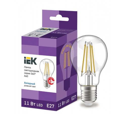 Лампа светодиодная A60 груша прозрачная 11Вт 230В 6500К E27 серия 360°  LLF-A60-11-230-65-E27-CL  IEK