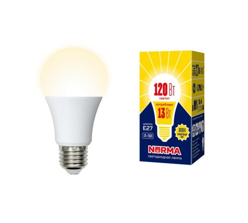 Лампа светодиодная LED-A60-13W/WW/E27/FR/NR LED. "груша" матовая. Серия Norma. Теплый 3000K  UL-00004024  Volpe