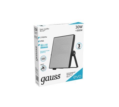 Прожектор светодиодный EVO 30W 2700 lm IP65 6500К, IK07, черный 1/30  687511330  Gauss