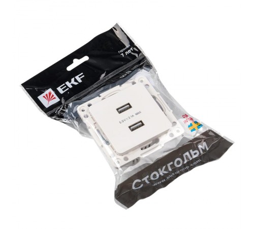 Стокгольм Механизм Розетки USB 2-местной 2,1А белый PROxima  EYR16-028-10-2USB  EKF