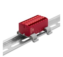 Блок распределительный с гориз. адапт. на рейку шириной 35мм, зажим push-in, 18 точки подкл. 2,5 кв.мм, красный  DTP1-018-04SPUR-H  DKC