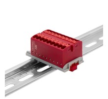 Блок распределительный с верт. адаптером на рейки  15/35мм, зажим push-in, 18  подкл. 2,5 кв.мм, красный  DTP1-018-04SPUR-V  DKC