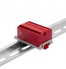 Блок распределительный с верт. адаптером на рейки  15/35мм, зажим push-in, 18  подкл. 2,5 кв.мм, красный  DTP1-018-04SPUR-V  DKC