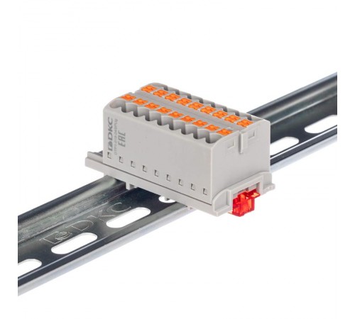 Блок распределительный с верт. адапт. на рейки шириной 15/35мм, зажим push-in, 18 точки подкл. 2,5 кв.мм, серый  DTP1-018-04SPUG-V  DKC