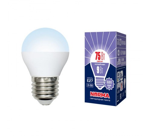 Лампа светодиодная LED-G45-9W/DW/E27/FR/NR LED. "шар", матовая. Серия Norma. 6500K  UL-00003827  Volpe