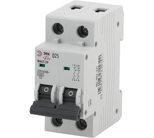 Выключатель автоматический двухполюсный NO-902-224 ВА47-29 2Р 25А 4,5кА кривая D (6/90/1620) Pro  Б0048814  ЭРА