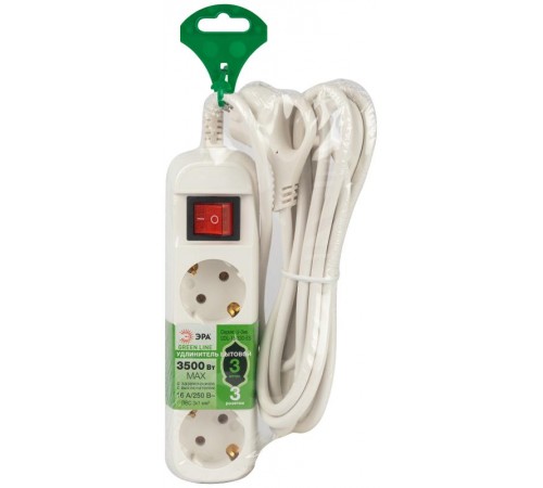 Удлинитель электрический ЭРА UDL-16-330-ES Greenline 3 розетки с заземлением с выключателем 3м ПВС 3x1мм2   Б0065056  ЭРА