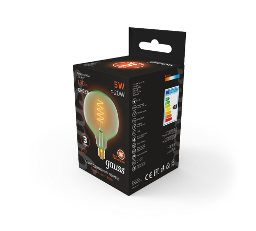 Лампа светодиодная LED Filament Flexible G125-C Green E27 5W 190lm 1800K 125*178mm 1/10  1012802105  Gauss