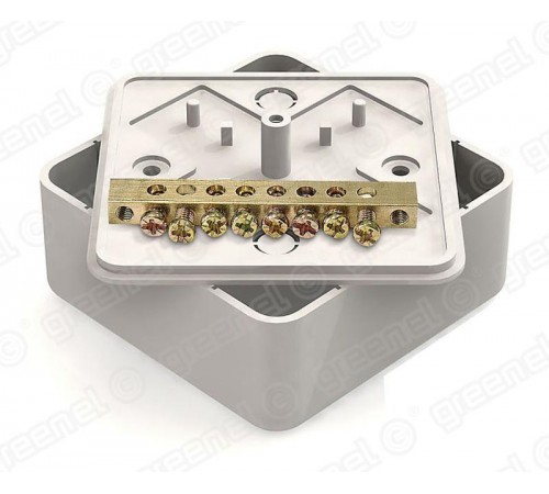 Коробка уравнивания потенциалов (КУП) 75х75х28мм с общей шиной 6х9. 8групп. наклейка "заземление" в комплекте. цвет -БЕЛЫЙ (80шт)  GE41217-01  Green