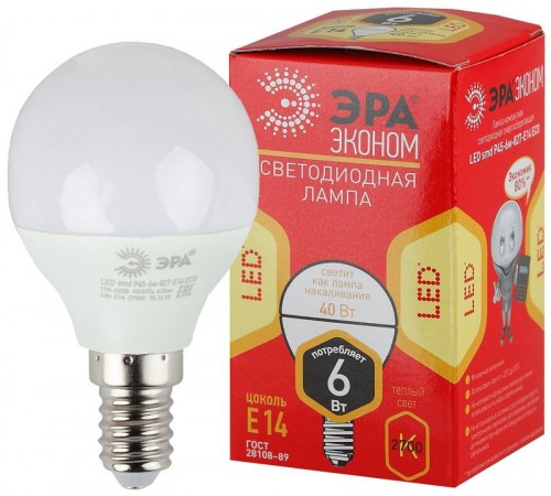 Лампа cветодиодная ECO LED P45-6W-827-E14 (диод, шар, 6Вт, тепл, E14) (10/100/4000)  Б0020626  ЭРА
