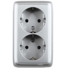 Розетка открытой установки, двухместная, с заземляющим контактом, с изолирующей пластиной, цвет серебро  РА16-153-06  HEGEL