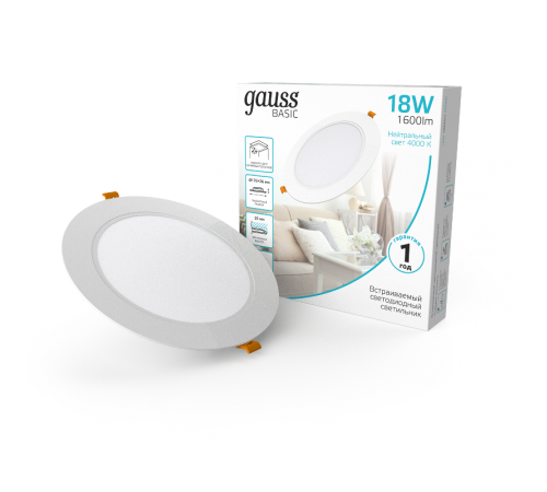 Светильник  Basic Downlight круг 18W 1600lm 4000K 170-260V IP20 170*26 белый LED 1/60  9030420218  Gauss