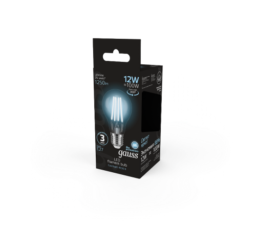 Лампа светодиодная Filament А60 12W 1250lm 4100К Е27 LED 1/10/40  102902212  Gauss