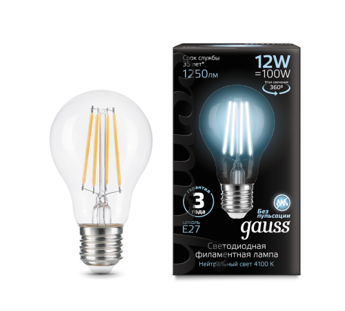 Лампа светодиодная Filament А60 12W 1250lm 4100К Е27 LED 1/10/40  102902212  Gauss