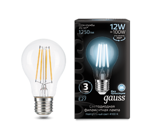 Лампа светодиодная Filament А60 12W 1250lm 4100К Е27 LED 1/10/40  102902212  Gauss