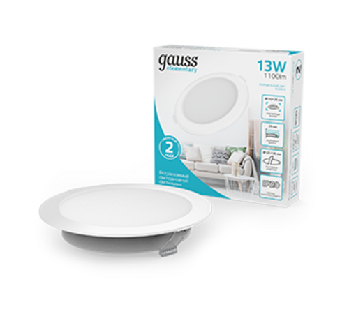 Светильник Gauss Elementary Downlight круг 13W 1100m 4000K 170-260V IP20 145*26 белый LED 1/60 997420212  Gauss