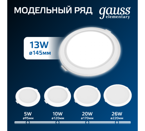 Светильник Gauss Elementary Downlight круг 13W 1100m 4000K 170-260V IP20 145*26 белый LED 1/60 997420212  Gauss