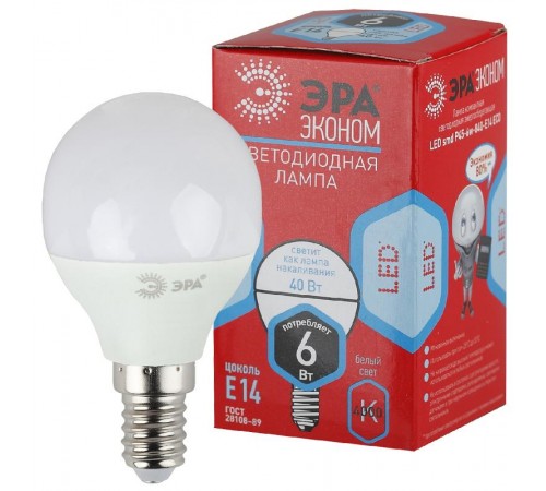 Лампа cветодиодная ECO LED P45-6W-840-E14 (диод, шар, 6Вт, нейтр, E14) (10/100/3000)  Б0019077  ЭРА