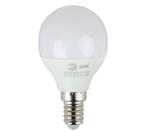 Лампа cветодиодная ECO LED P45-6W-840-E14 (диод, шар, 6Вт, нейтр, E14) (10/100/3000)  Б0019077  ЭРА