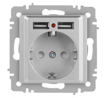 Розетка Intro Accent 6-410-03 , P+E Schuko со шторками, 16А-250В + 2хUSB, IP20, СУ, алюминий  Б0063694  Intro