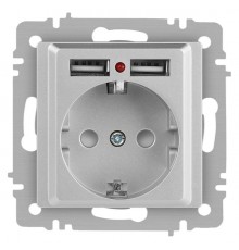 Розетка Intro Accent 6-410-03 , P+E Schuko со шторками, 16А-250В + 2хUSB, IP20, СУ, алюминий  Б0063694  Intro