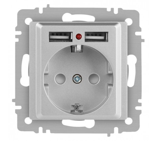 Розетка Intro Accent 6-410-03 , P+E Schuko со шторками, 16А-250В + 2хUSB, IP20, СУ, алюминий  Б0063694  Intro