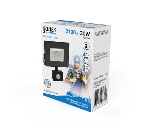 Прожектор светодиодный Gauss Elementary LED 30W 2100lm IP65 6500К с датчиком движения  628511330  Gauss