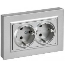 BRITE Розетка 2-местная с заземлением с защитными шторками плоская 16А в сборе РСшПл12-3-БрА алюминий   BR-R28-16-K47-F  IEK