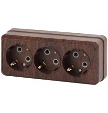 Розетка Intro Quadro 2-206-10 с заземлением трехместная 3х2P+E, 16А-250В, IP20, ОУ, венге  Б0053824  Intro