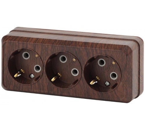 Розетка Intro Quadro 2-206-10 с заземлением трехместная 3х2P+E, 16А-250В, IP20, ОУ, венге  Б0053824  Intro