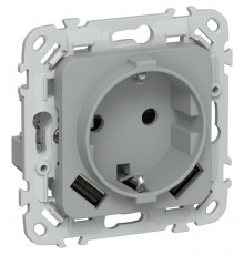 FLITE Розетка с заземлением со шторками 16А с USB A+A 3,1А РСЮша11-0-ФлС серый  FI-R14-16-U21-D31-K03  IEK