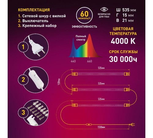 Светильник светодиодный для растений FITO-3х10W-LINE-Ra90 (40)  Б0049315  ЭРА