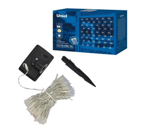 Садовый занавес на солнечной батарее USL-S-131/PT1515 WARM WHITE CURTAIN 192 диода, 3000К, 1*АА Ni-Mh акк в/к. IP44  UL-00006538  Uniel