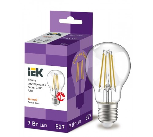Лампа светодиодная A60 груша прозрачная 7Вт 230В 3000К E27 серия 360°  LLF-A60-7-230-30-E27-CL  IEK