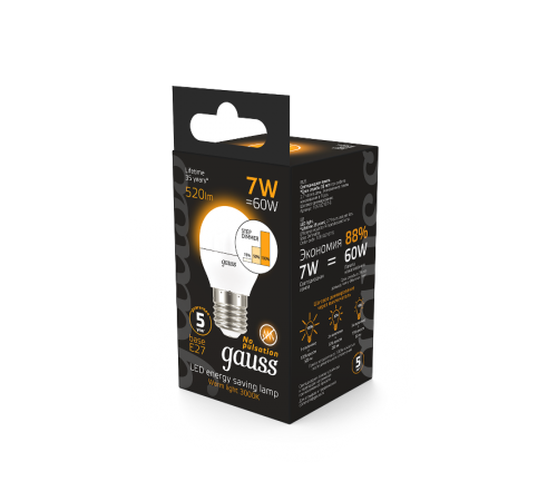 Лампа светодиодная LED 7Вт E27 220В 2700К шар, диммируемая  105102107-S  Gauss