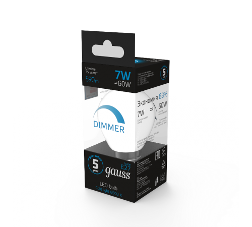 Лампа светодиодная Шар 7W 590lm 6500К E27 диммируемая  105102307-D  Gauss