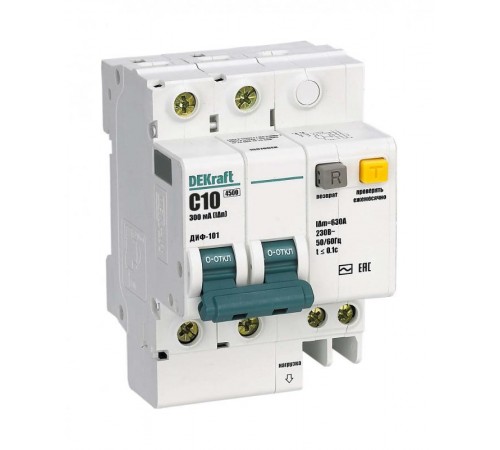 Выключатель автоматический дифференциального тока со встроенной защитой от сверхтоков ДИФ-101 2Р 10А 300мА AC С  15070DEK  DEKraft