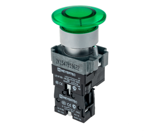 Кнопка грибовидная с LED подсветкой без фиксации, 220V AC/DC, 1NO, зеленый, 40 мм MTB2-BW3633  59642  ОВЕН