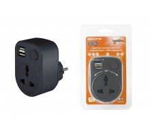 Адаптер универсальный поворотный с/з 250В 16А + 2USB 2.1A черный  SQ1806-0184  TDM