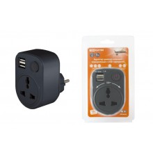 Адаптер универсальный поворотный с/з 250В 16А + 2USB 2.1A черный  SQ1806-0184  TDM