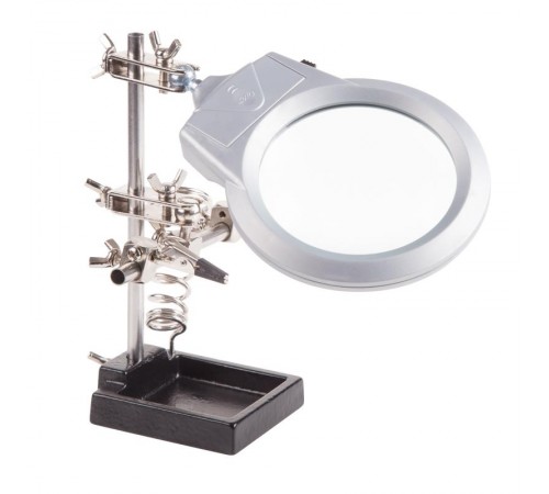 Держатель "третья рука" с лупой х2.5, подставкой под паяльник и LED подсветкой (CT-293 LED) (ZD-10M)   12-0253  REXANT