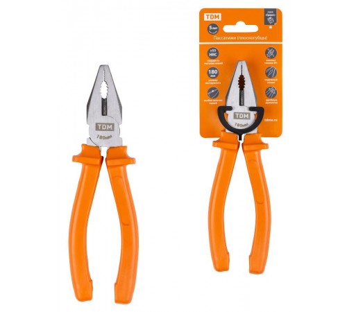 Пассатижи (плоскогубцы), с пластиковыми рукоятками, углеродистая сталь, 180 мм, серия "Гранит"  SQ1009-0102  TDM