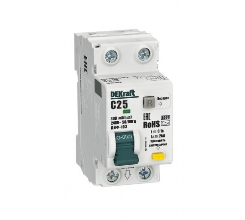 Выключатель автоматический дифференциального тока АВДТ 1P+N 25А 300мА AC х-ка C ДИФ-103 6кА  16331DEK  DEKraft
