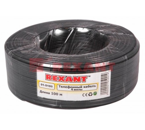 Телефонный кабель ШТЛП 4 жилы Cu, черный, бухта 100м  01-5109  REXANT