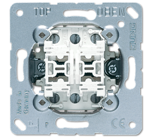 Балансирный проходной переключатель 10 A/ 250 B, двухклавишный, винтовые зажимы, раздельные входы фазы для каждой кнопки; не подходит к клавишам серии