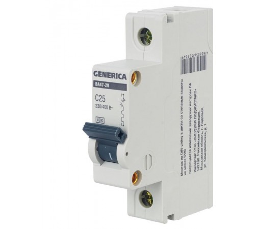 Выключатель автоматический однополюсный ВА47-29 25А C 4,5кА  MVA25-1-025-C  GENERICA
