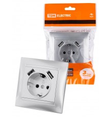 Розетка 2П+З 16А 250В + 2 USB порта 2,1А 5В металлик "Лама"  SQ1815-0242  TDM