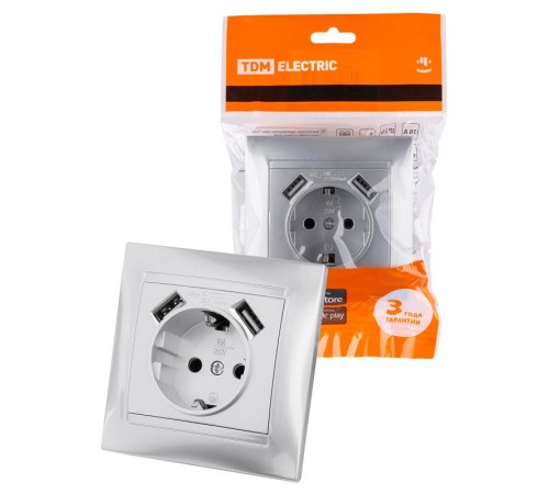 Розетка 2П+З 16А 250В + 2 USB порта 2,1А 5В металлик "Лама"  SQ1815-0242  TDM