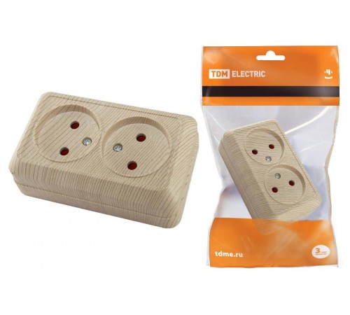 Розетка двойная 2П открытой установки с з/ш IP20 10А, сосна "Ладога"   SQ1801-0055  TDM