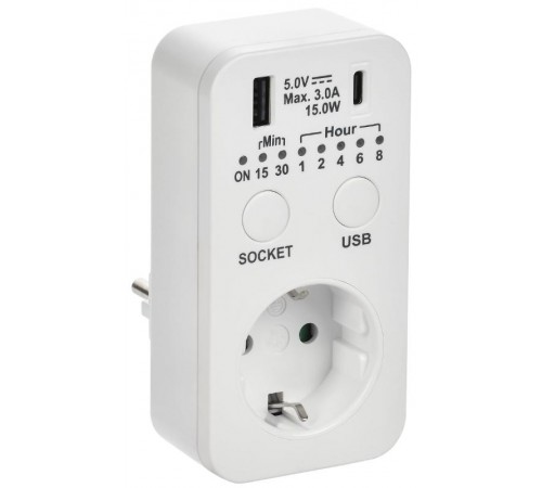 РТЭ-4 Розетка-таймер электр. с USB 15мин-8ч 16А IP20 бел  ERT12-1-16-O-15-2-20-K01  IEK